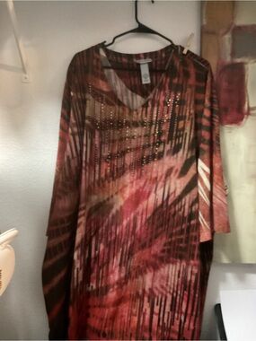 Catherines Red and Brown Patterned V-Neck Tunic